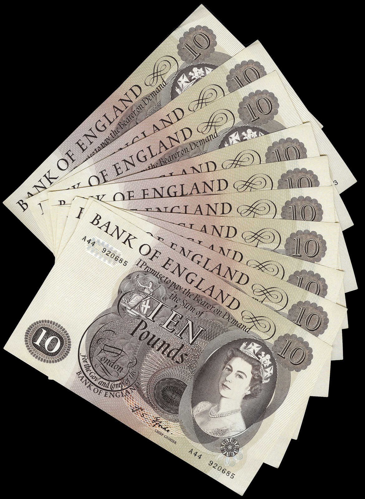 BRITISH BANKNOTES, Bank of England, J.S. Fforde, Ten Pounds (10), all 1967-70, A44 920685-94