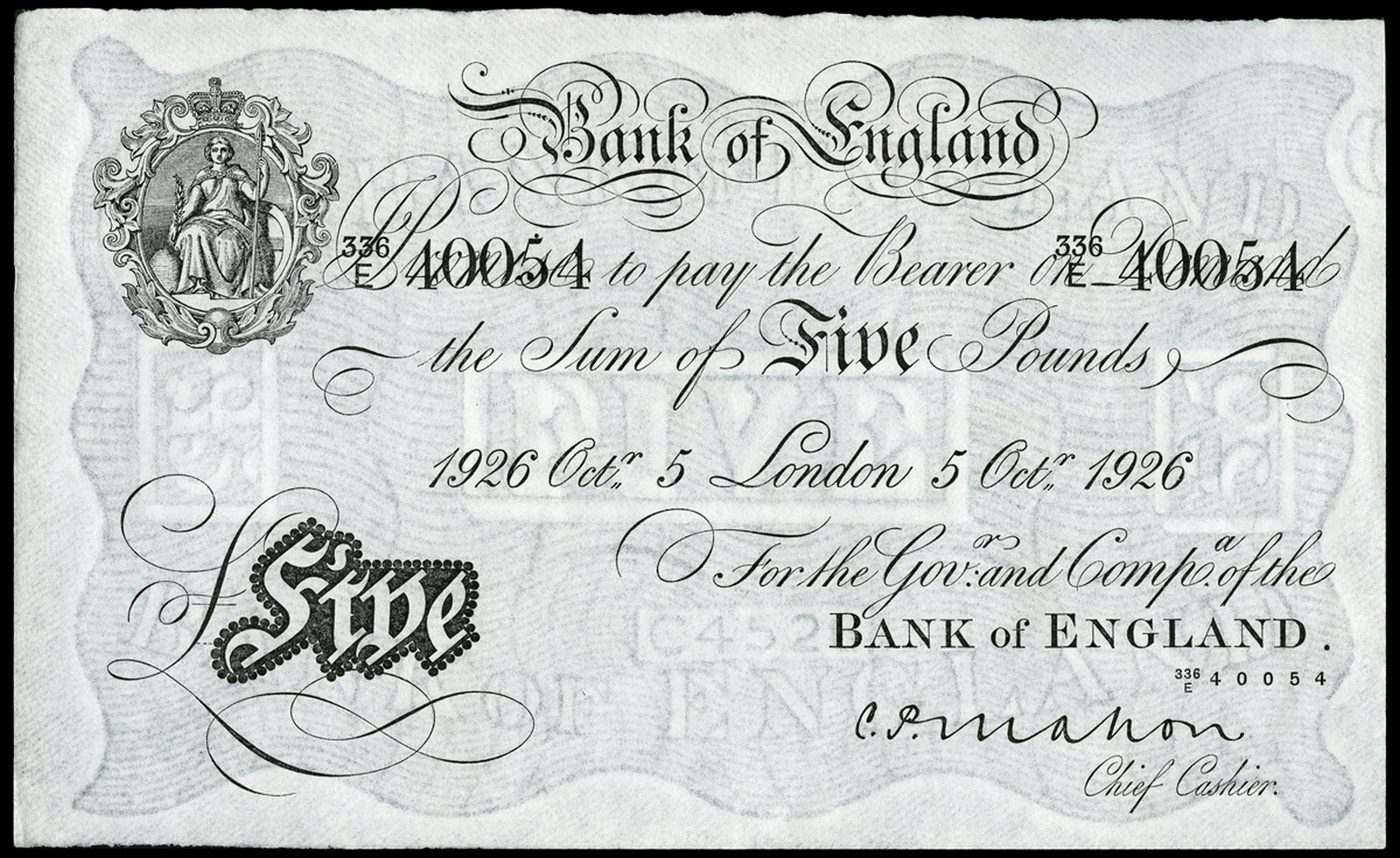 BRITISH BANKNOTES, Bank of England, C.P. Mahon, Five Pounds, 5 October 1926, 336/E 40054 (Dugg.