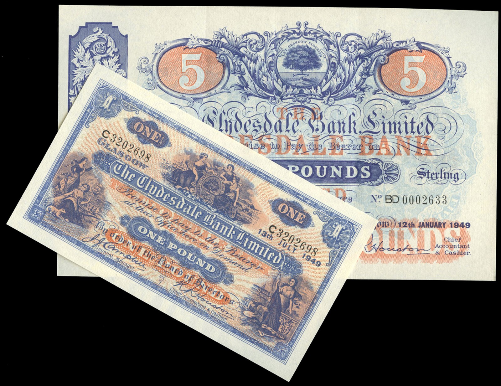 BRITISH BANKNOTES, The Clydesdale Bank Ltd, Five Pounds, 12 January 1949, BD 0002633; One Pound,