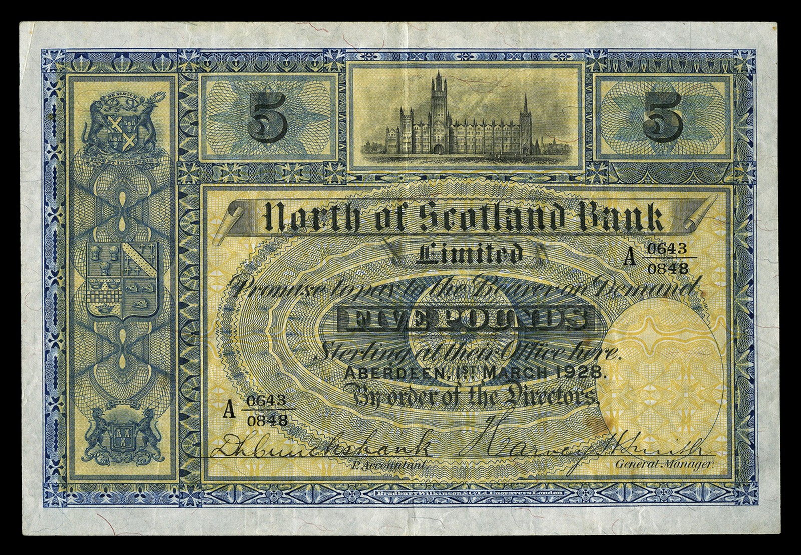 BRITISH BANKNOTES, North of Scotland Bank Ltd, Five Pounds, 1 March 1928, A 0643/0848, Smith-
