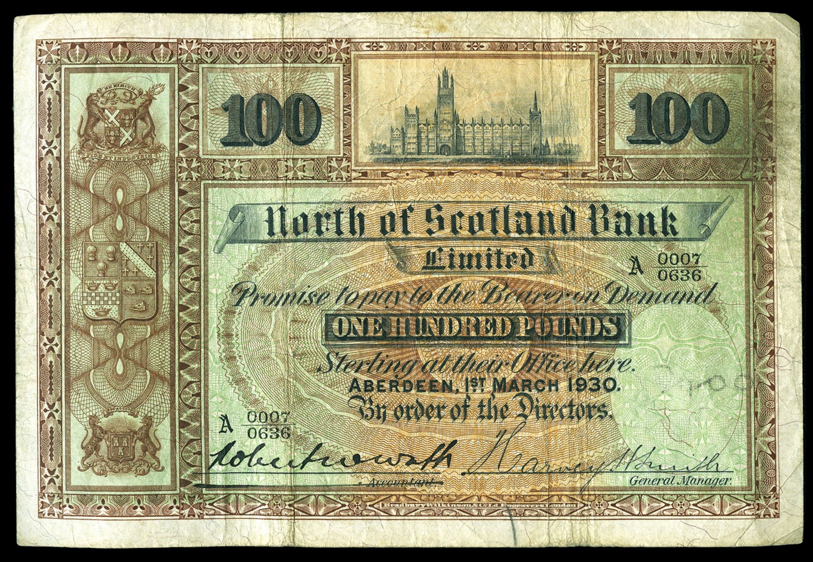 BRITISH BANKNOTES, North of Scotland Bank Ltd, One Hundred Pounds, 1 March 1930, A 0007/0636,