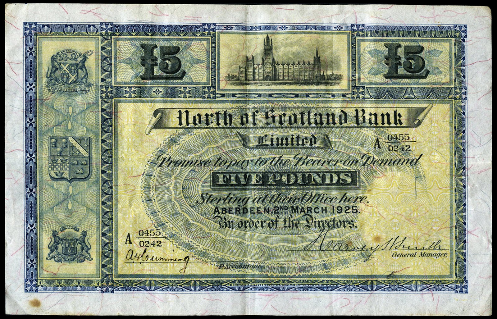 BRITISH BANKNOTES, North of Scotland Bank Ltd, Five Pounds, 2 March 1925, A 0455/0242, Smith-Cumming