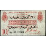 BRITISH BANKNOTES, Treasury, J. Bradbury, Ten Shillings, 1915, Z/19 097804, overprinted for the
