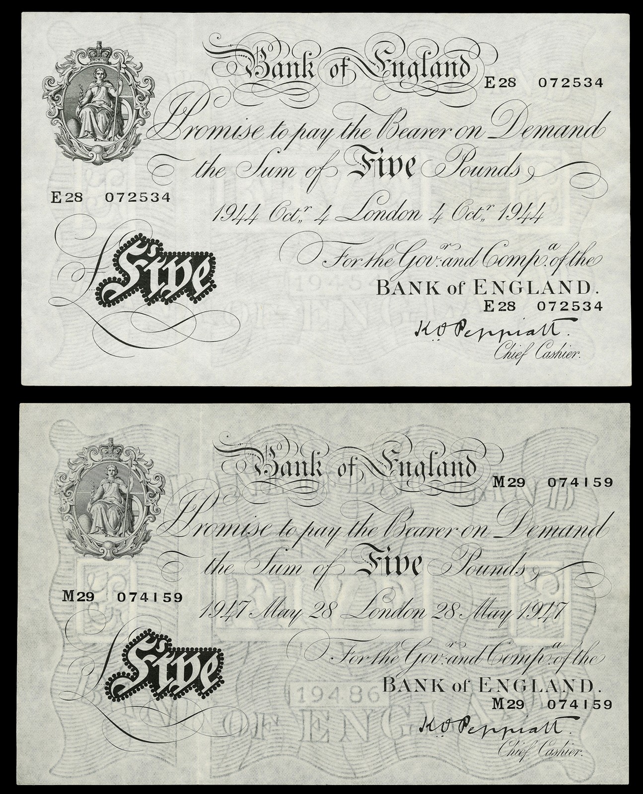 BRITISH BANKNOTES, Bank of England, K.O. Peppiatt, Five Pounds (2), 4 October 1944, E28 072534, 28