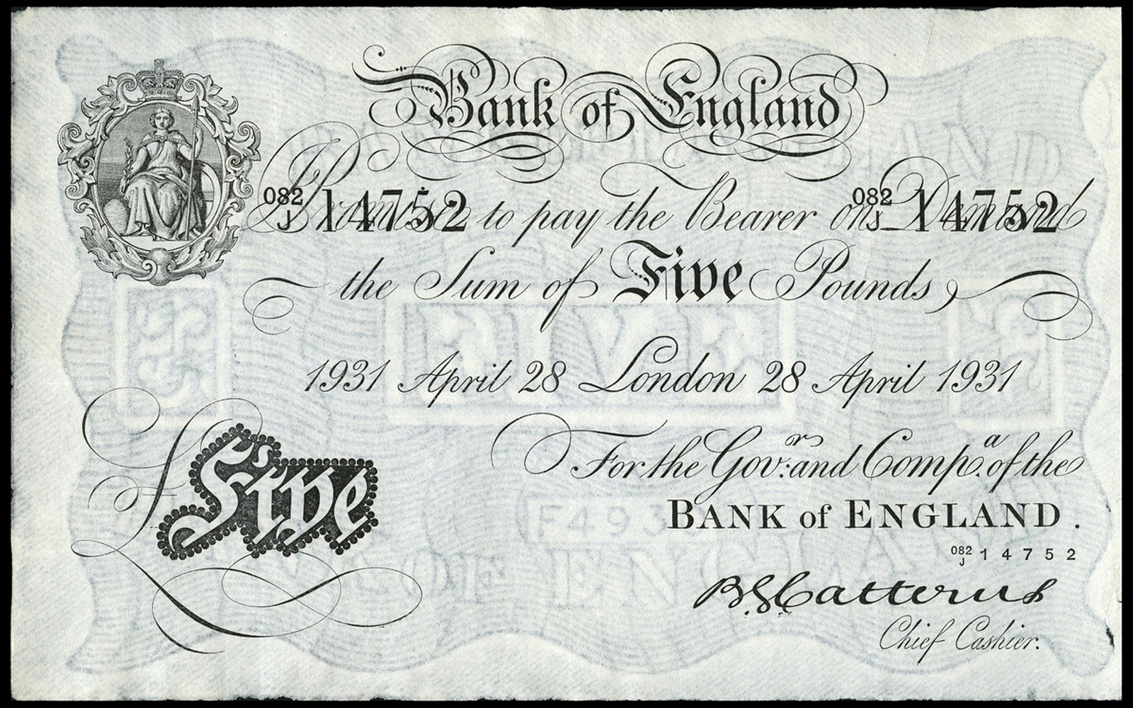 BRITISH BANKNOTES, Bank of England, B.G. Catterns, Five Pounds, 28 April 1931, 082/J 14752 (Dugg.