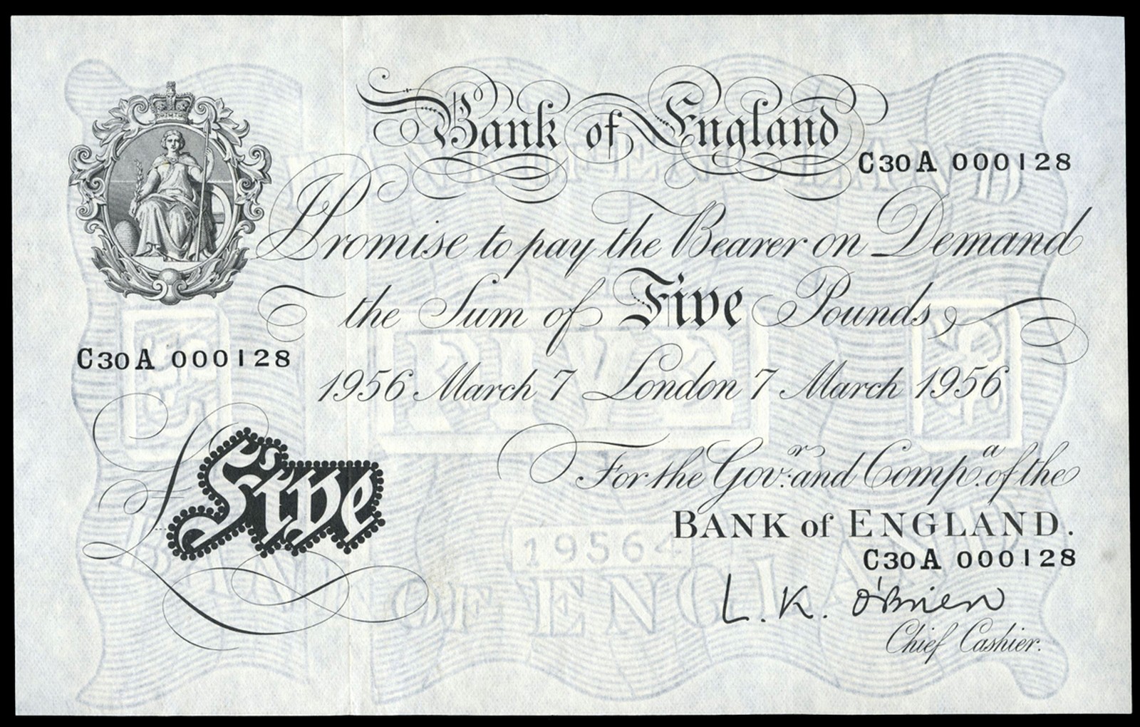 BRITISH BANKNOTES, Bank of England, L.K. O’Brien, Five Pounds, 7 March 1956, C30A 000128 (Dugg.