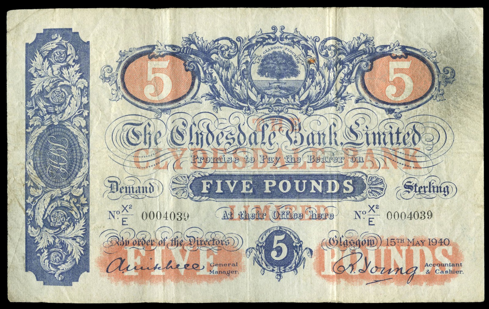 BRITISH BANKNOTES, The Clydesdale Bank Ltd, Five Pounds, 15 May 1940, X2/E 0004039, Mitchell-Young