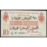 BRITISH BANKNOTES, Treasury, J. Bradbury, Ten Shillings, 1915, Y/30 099332, overprinted for