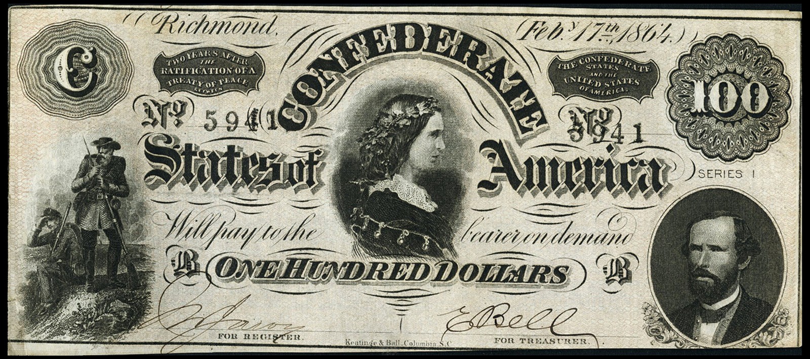 WORLD BANKNOTES, United States of America, Confederate States, One Hundred Dollars, 17 February
