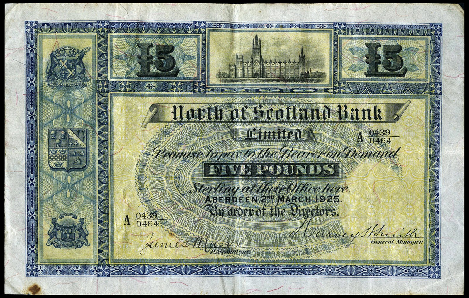 BRITISH BANKNOTES, North of Scotland Bank Ltd, Five Pounds, 2 March 1925, A 0439/0464, Smith-Main