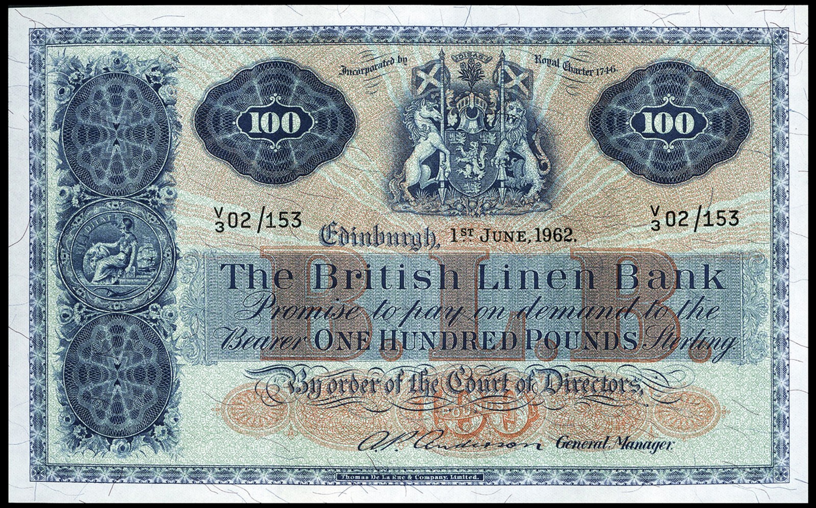 BRITISH BANKNOTES, The British Linen Bank, One Hundred Pounds, 1 June 1962, V/3 02/153, signature of