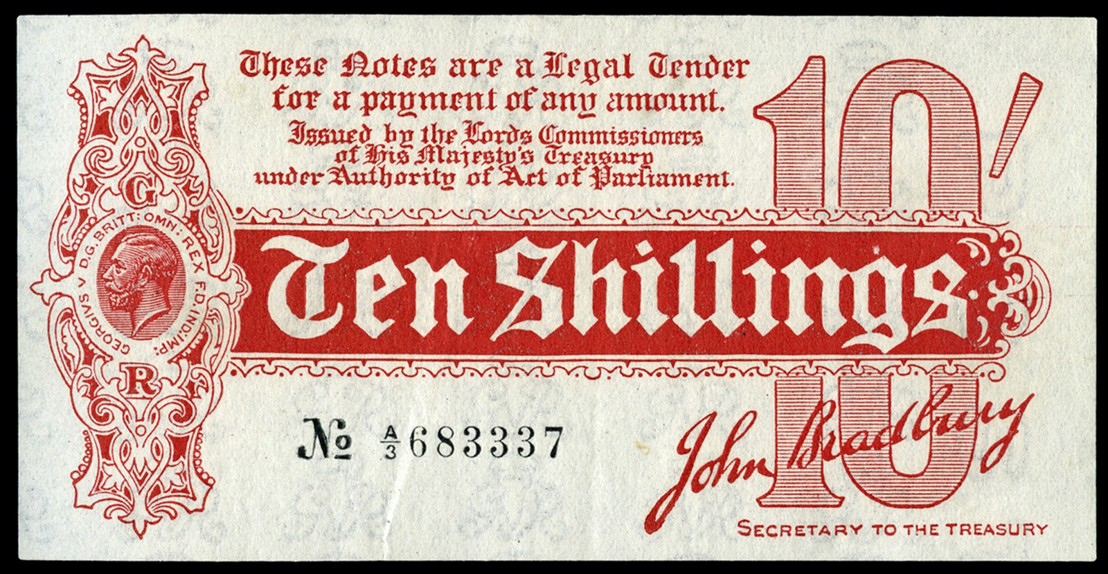 BRITISH BANKNOTES, Treasury, J. Bradbury, Ten Shillings, August 1914, A/3 683337 (Dugg. T9). ‘pos’