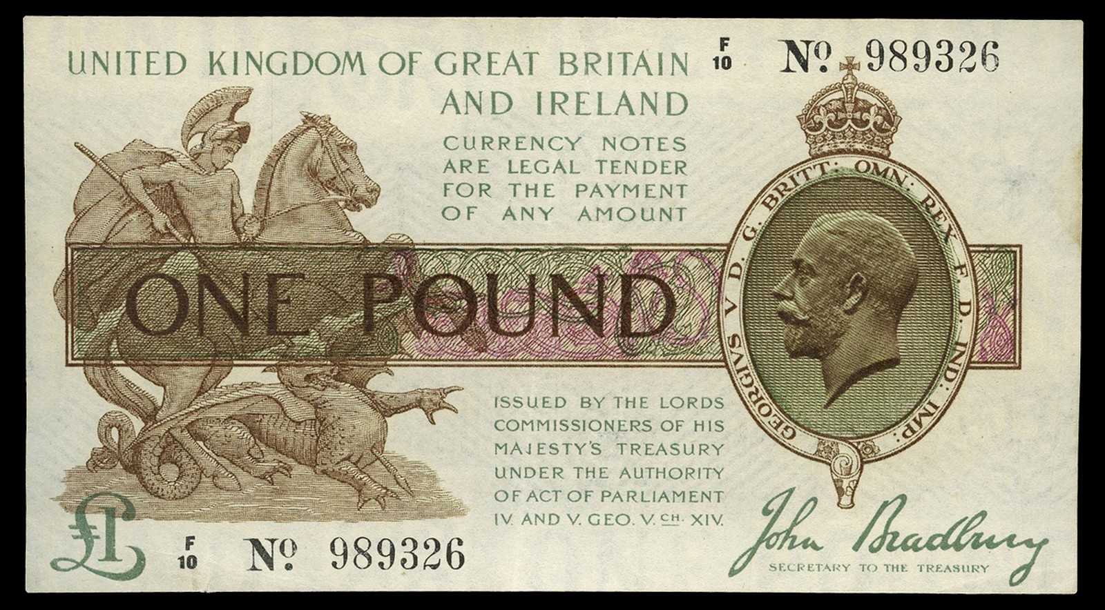 BRITISH BANKNOTES, Treasury, J. Bradbury, One Pound, 1917-19, F/10 989326 (Dugg. T16). Lightly