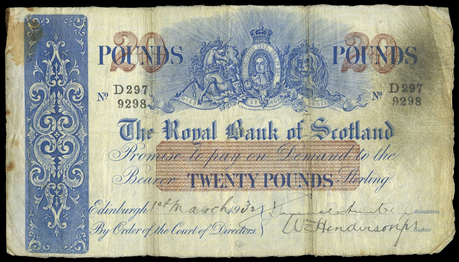 BRITISH BANKNOTES, The Royal Bank of Scotland, Twenty Pounds, 1 March 1932, D 297-9298, Hunter-