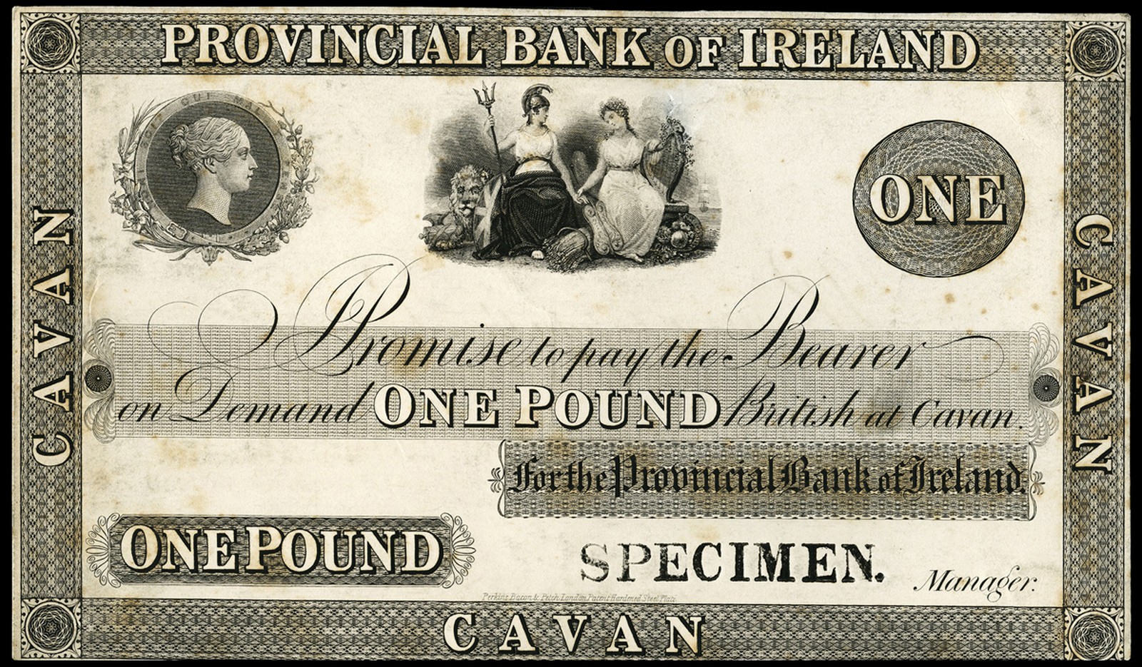 BRITISH BANKNOTES, Provincial Bank of Ireland, One Pound, Cavan, uniface proof on card, stamped