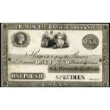 BRITISH BANKNOTES, Provincial Bank of Ireland, One Pound, Cavan, uniface proof on card, stamped