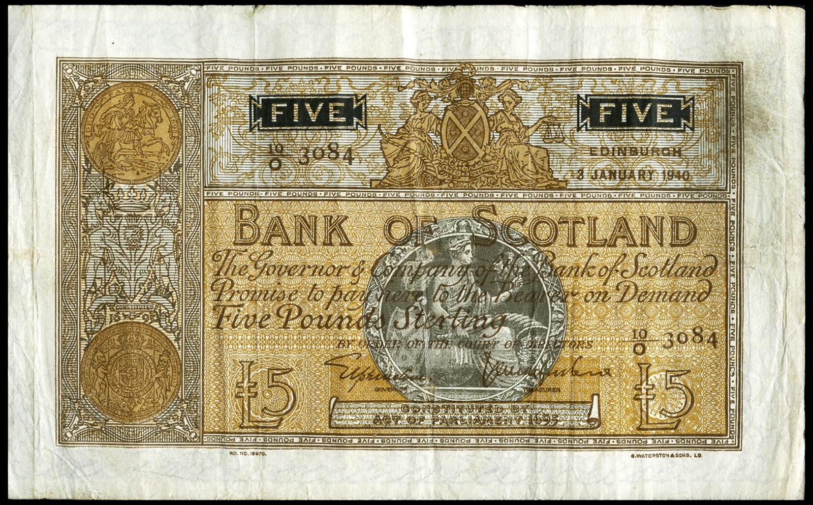 BRITISH BANKNOTES, Bank of Scotland, Five Pounds, 3 January 1940, 10/O 3084, Elphinstone-McFarlane