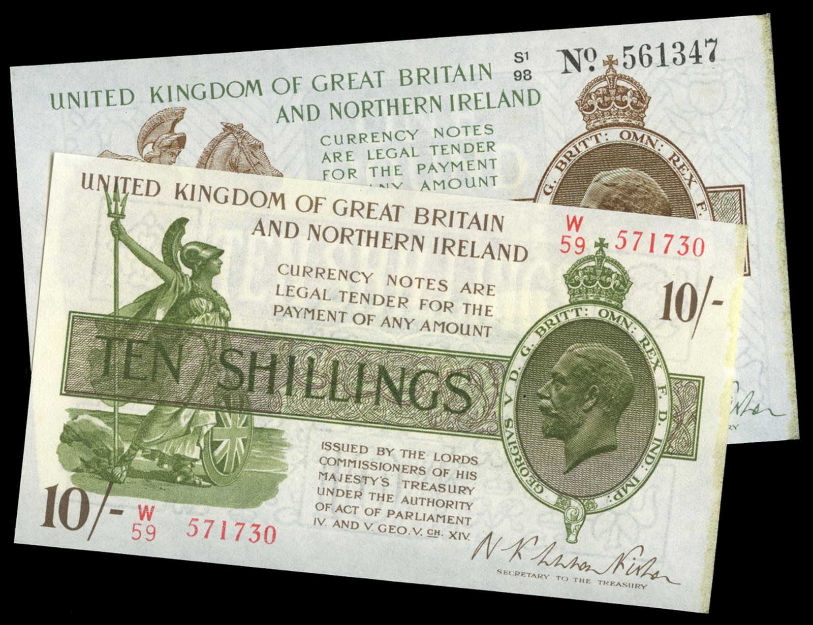 BRITISH BANKNOTES, Treasury, N.F. Warren Fisher, Ten Shillings, W/59 571730, One Pound, 1927-8, S/