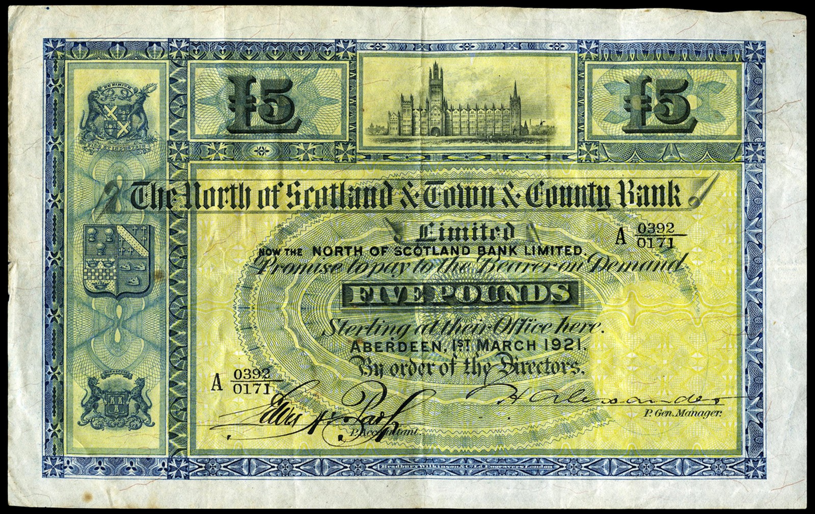 BRITISH BANKNOTES, North of Scotland Bank Ltd, Five Pounds, 1 March 1921, A 0392/0171, new bank