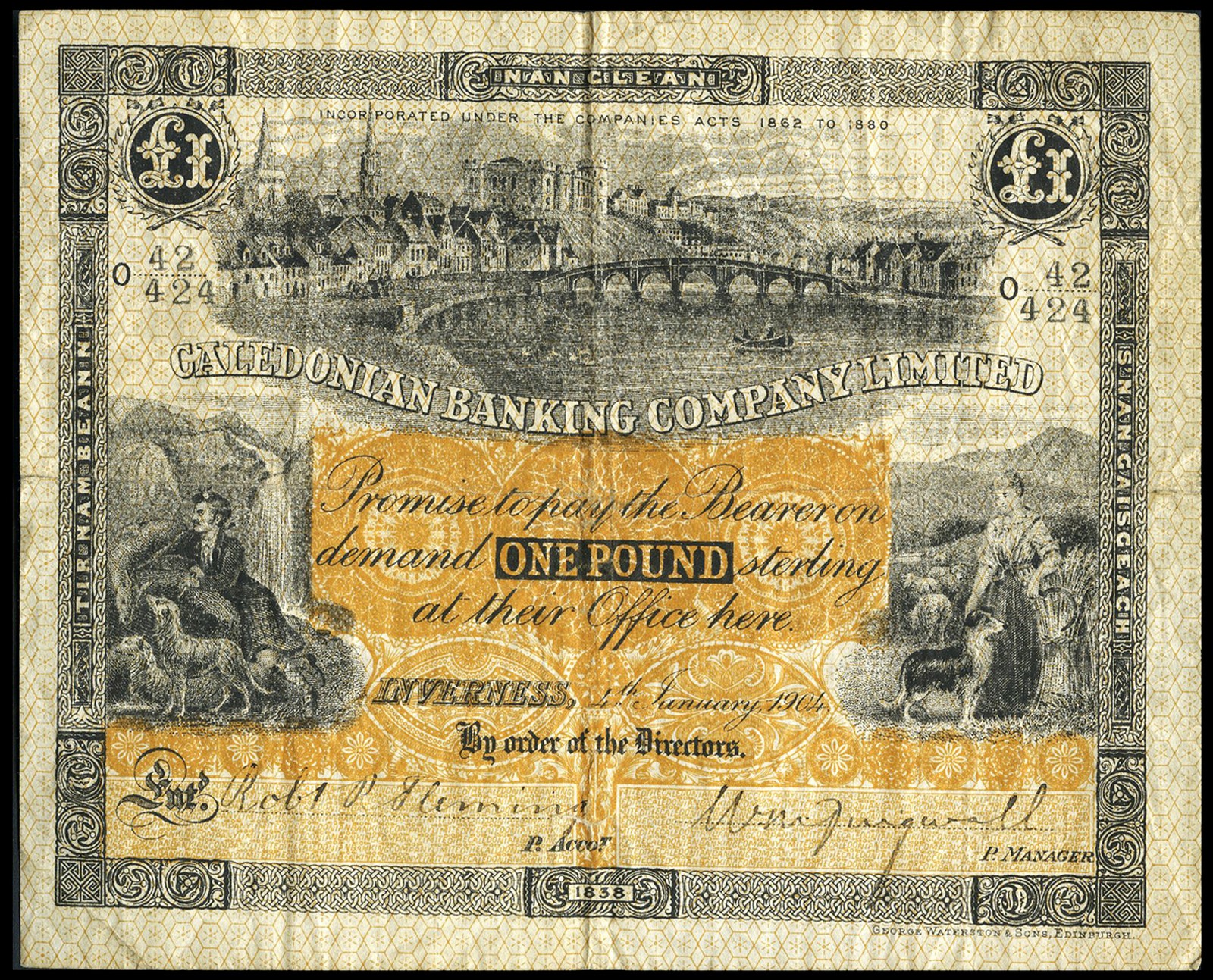 BRITISH BANKNOTES, The Caledonian Banking Co, One Pound, 4 January 1904, O 42/424, Fleming-