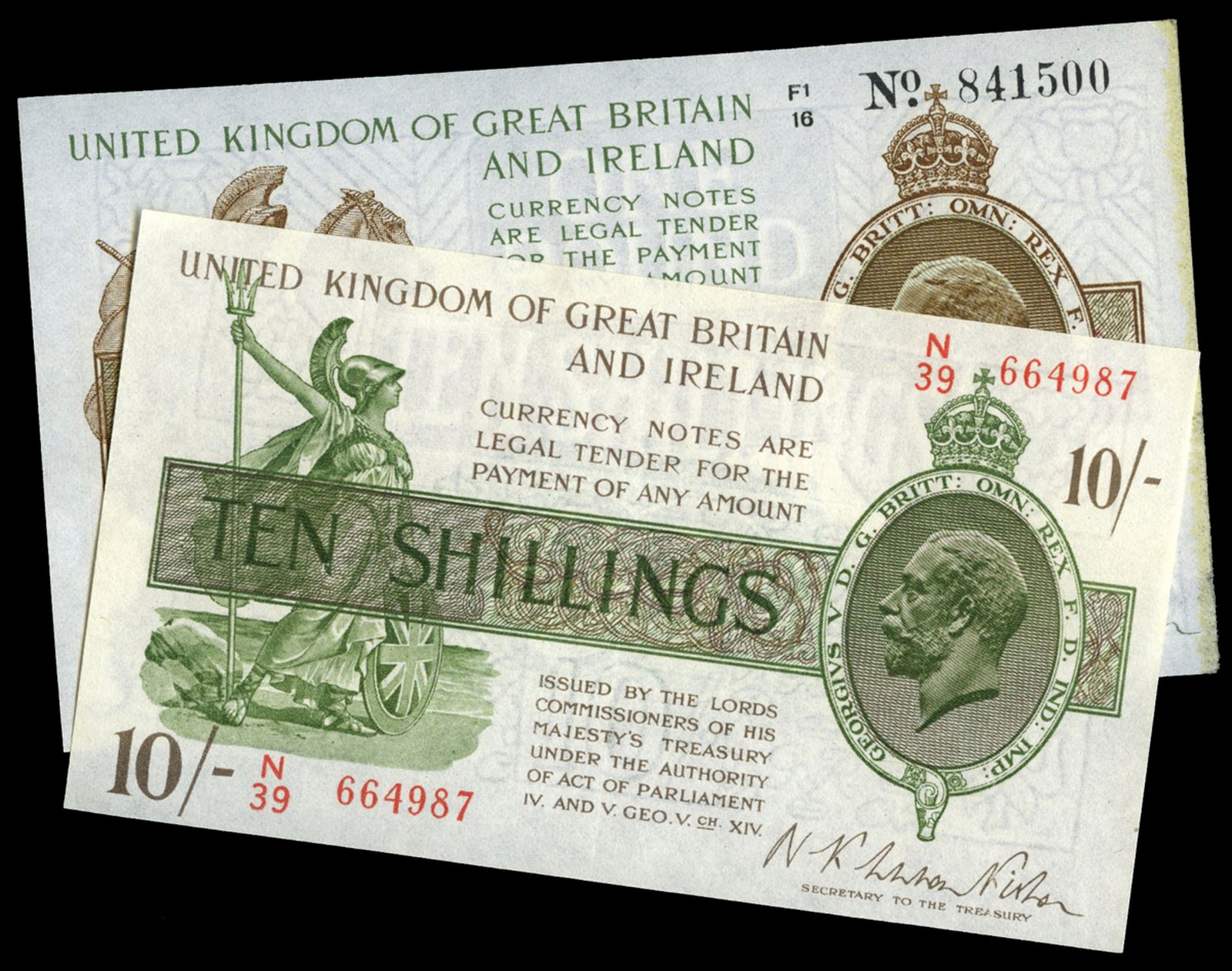 BRITISH BANKNOTES, Treasury, N.F. Warren Fisher, Ten Shillings, N/39 664987, One Pound, 1922-7, F1/