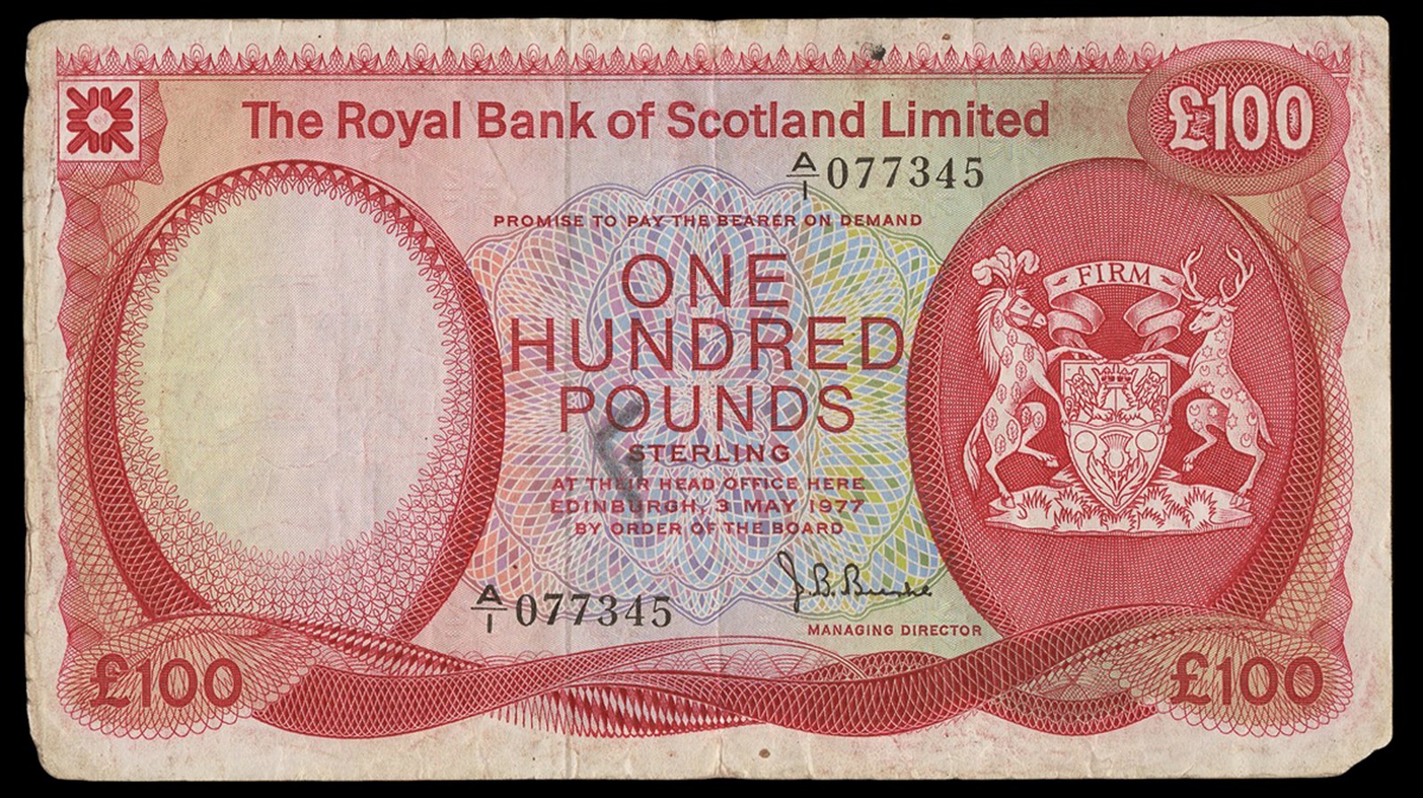 BRITISH BANKNOTES, The Royal Bank of Scotland Ltd, One Hundred Pounds, 3 May 1977, A/1 077345,