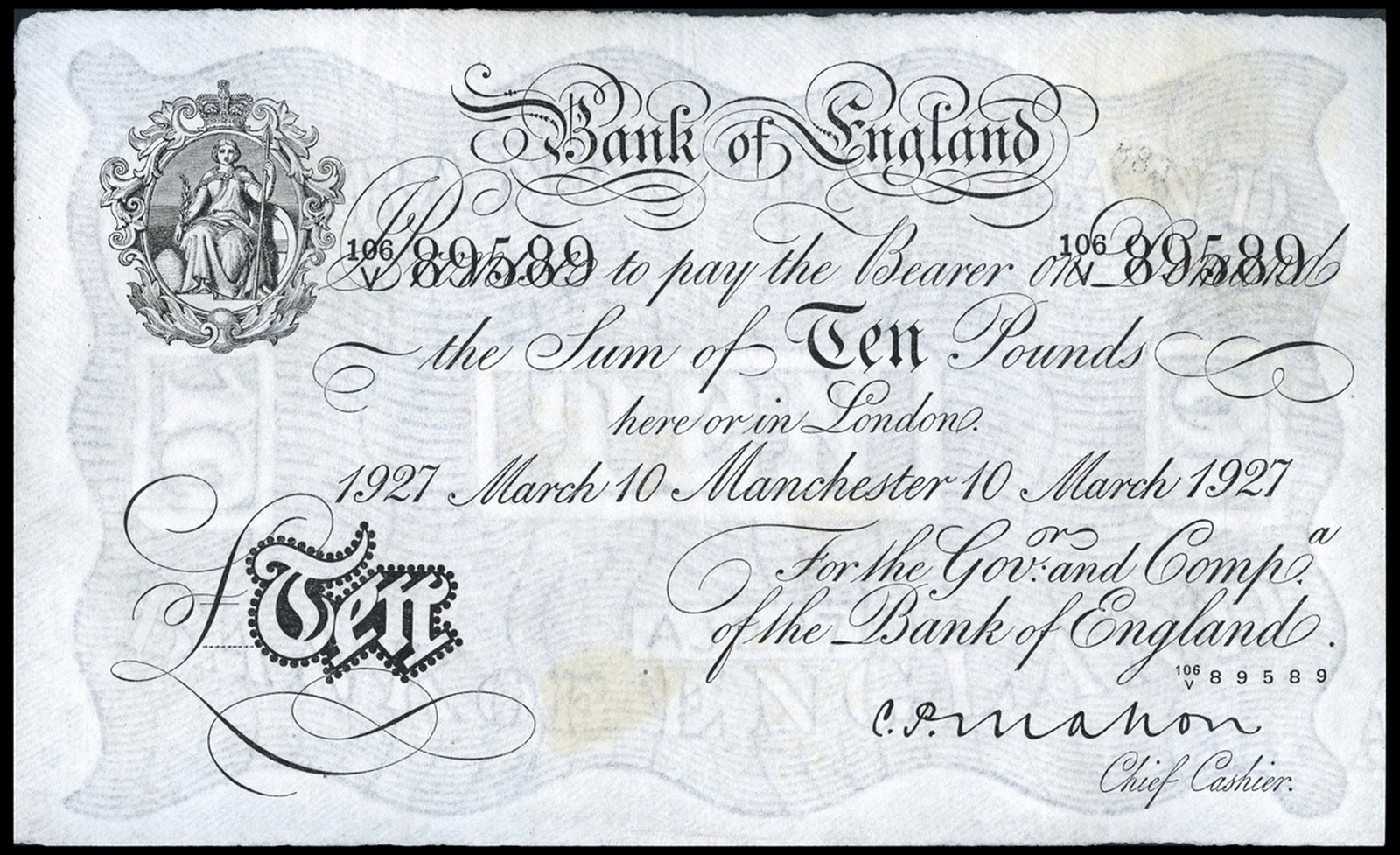 BRITISH BANKNOTES, Bank of England, C.P. Mahon, Ten Pounds, 10 March 1927, Manchester, 106/V