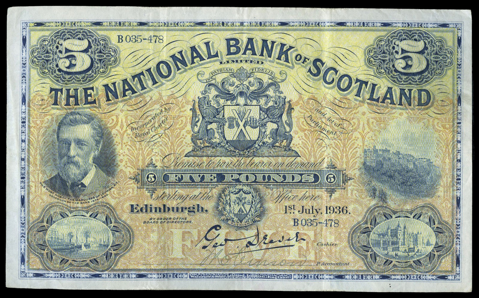 BRITISH BANKNOTES, The National Bank of Scotland Ltd, Five Pounds, 1 July 1936, B 035-478, Drever-