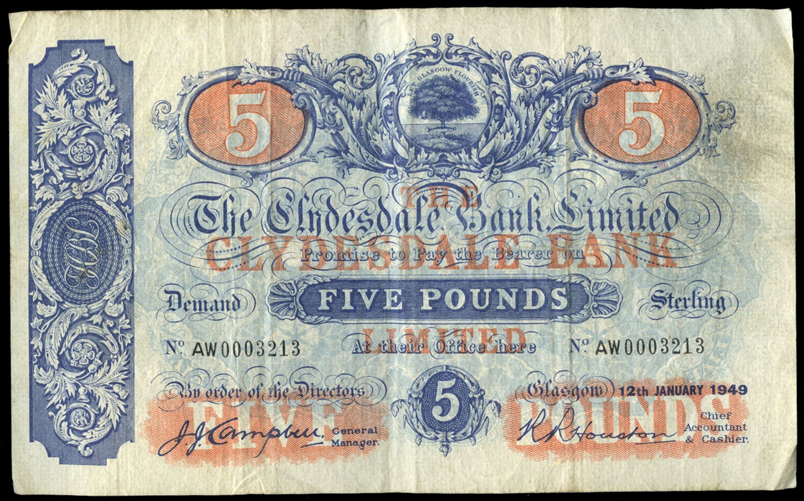 BRITISH BANKNOTES, The Clydesdale Bank Ltd, Five Pounds, 12 January 1949, AW 0003213, Campbell-