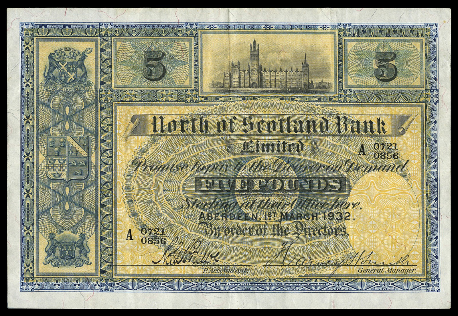 BRITISH BANKNOTES, North of Scotland Bank Ltd, Five Pounds, 1 March 1932, A 0721/0856, Smith-