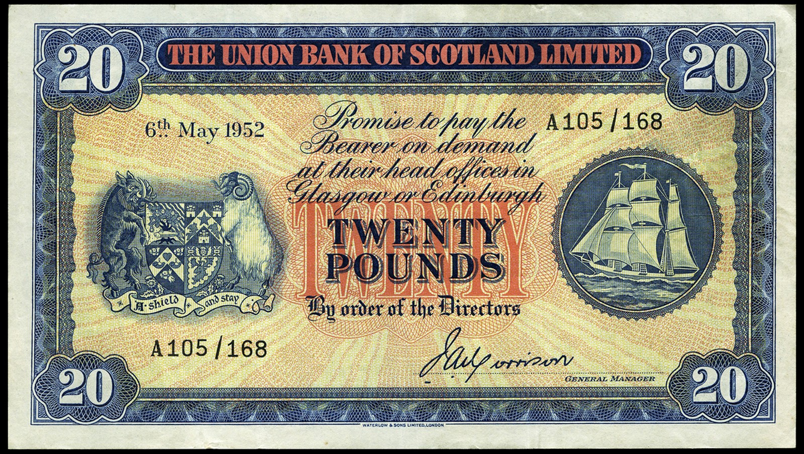 BRITISH BANKNOTES, The Union Bank of Scotland Ltd, Twenty Pounds, 6 May 1952, A 105/168, signature
