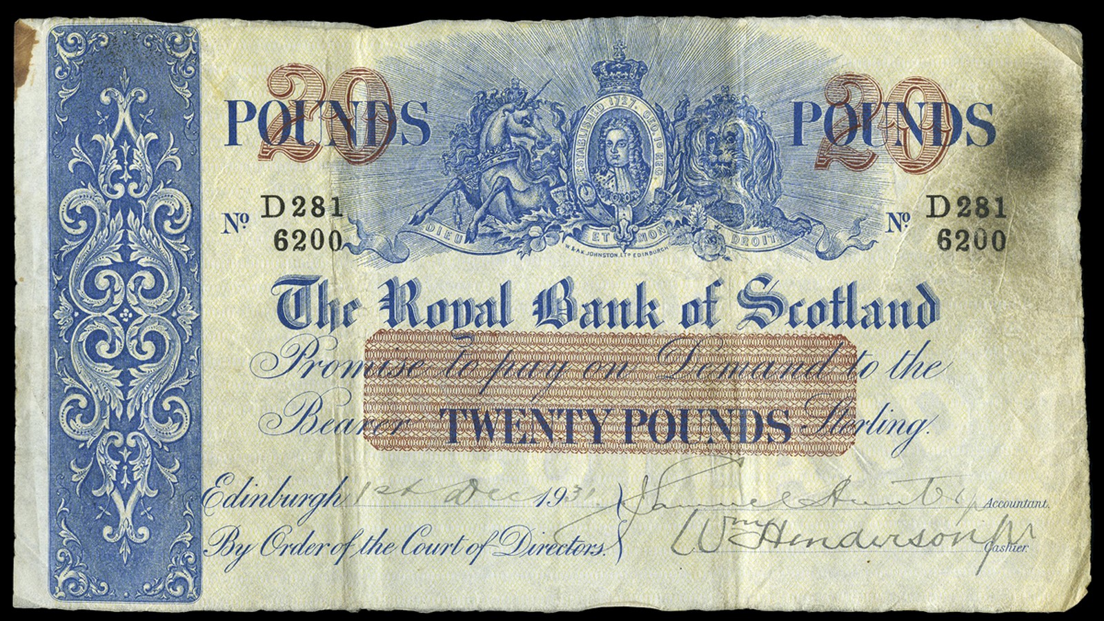 BRITISH BANKNOTES, The Royal Bank of Scotland, Twenty Pounds, 1 December 1931, D 281-6200, Hunter-