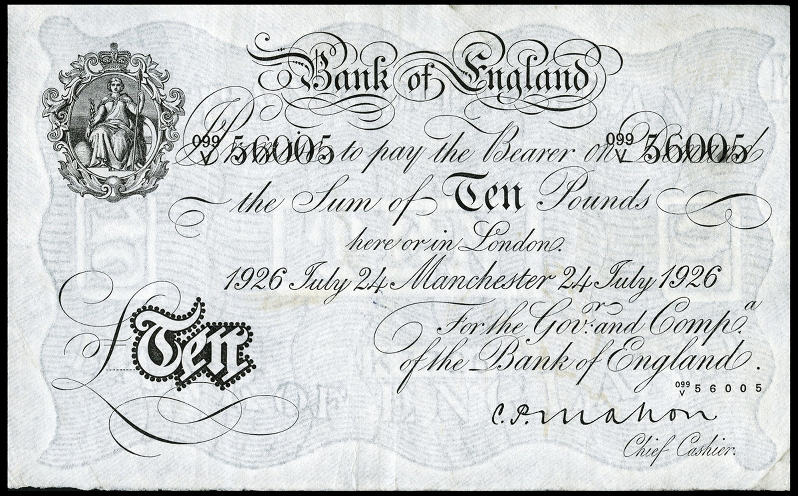 BRITISH BANKNOTES, Bank of England, C.P. Mahon, Ten Pounds, 24 July 1926, Manchester, 099/V 36005 (