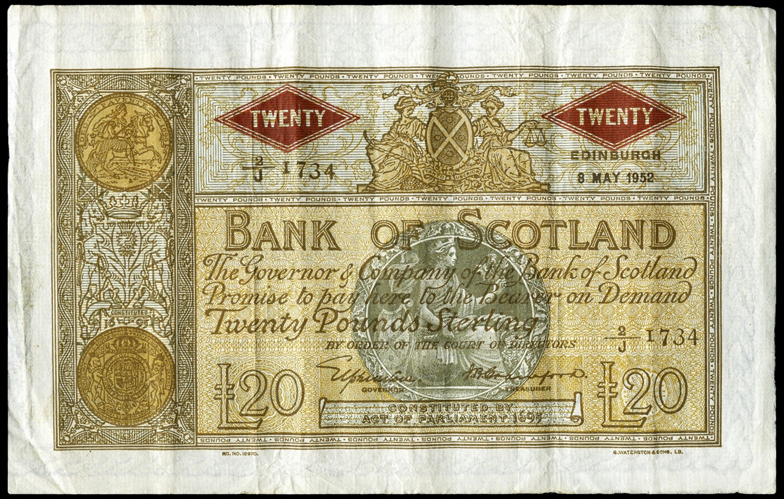 BRITISH BANKNOTES, Bank of Scotland, Twenty Pounds, 8 May 1952, 2/J 1734, Elphinstone-Crawford