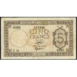 WORLD BANKNOTES, French Somaliland, Banque de l’Indochine, Five Francs, 1945, F 18 0386, Borduge-