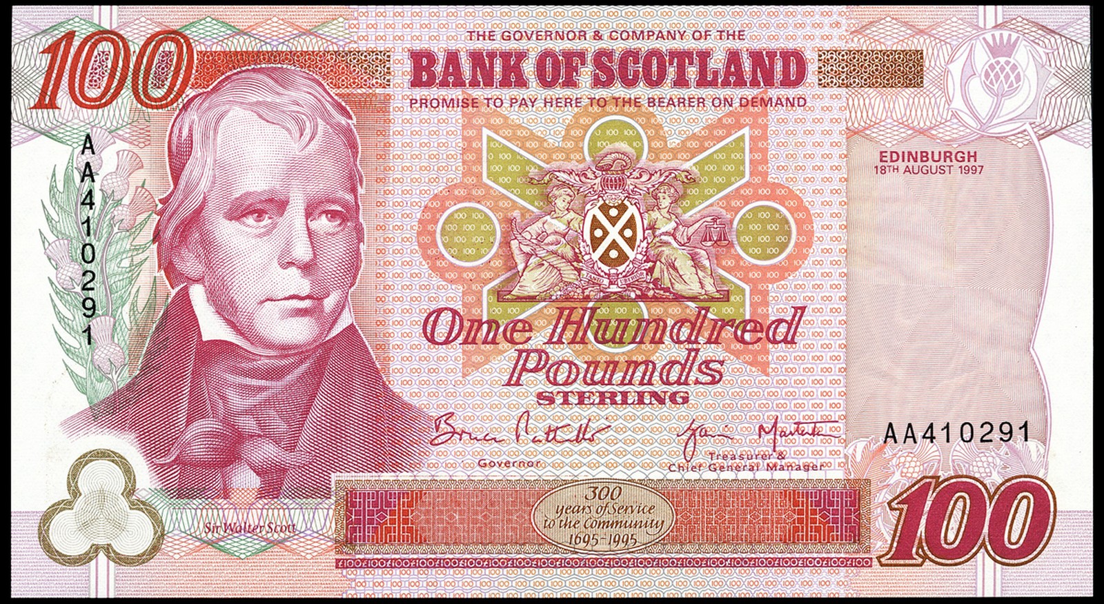 BRITISH BANKNOTES, Bank of Scotland, One Hundred Pounds, 18 August 1997, AA 410291, Patullo-