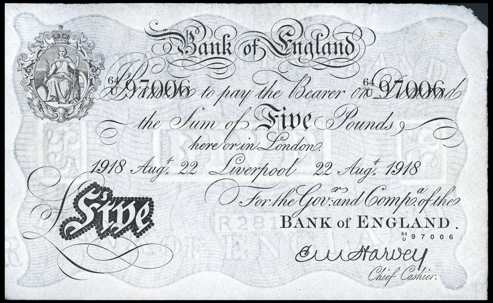 BRITISH BANKNOTES, Bank of England, E.M. Harvey, Five Pounds, 22 August 1918, Liverpool, 64/U