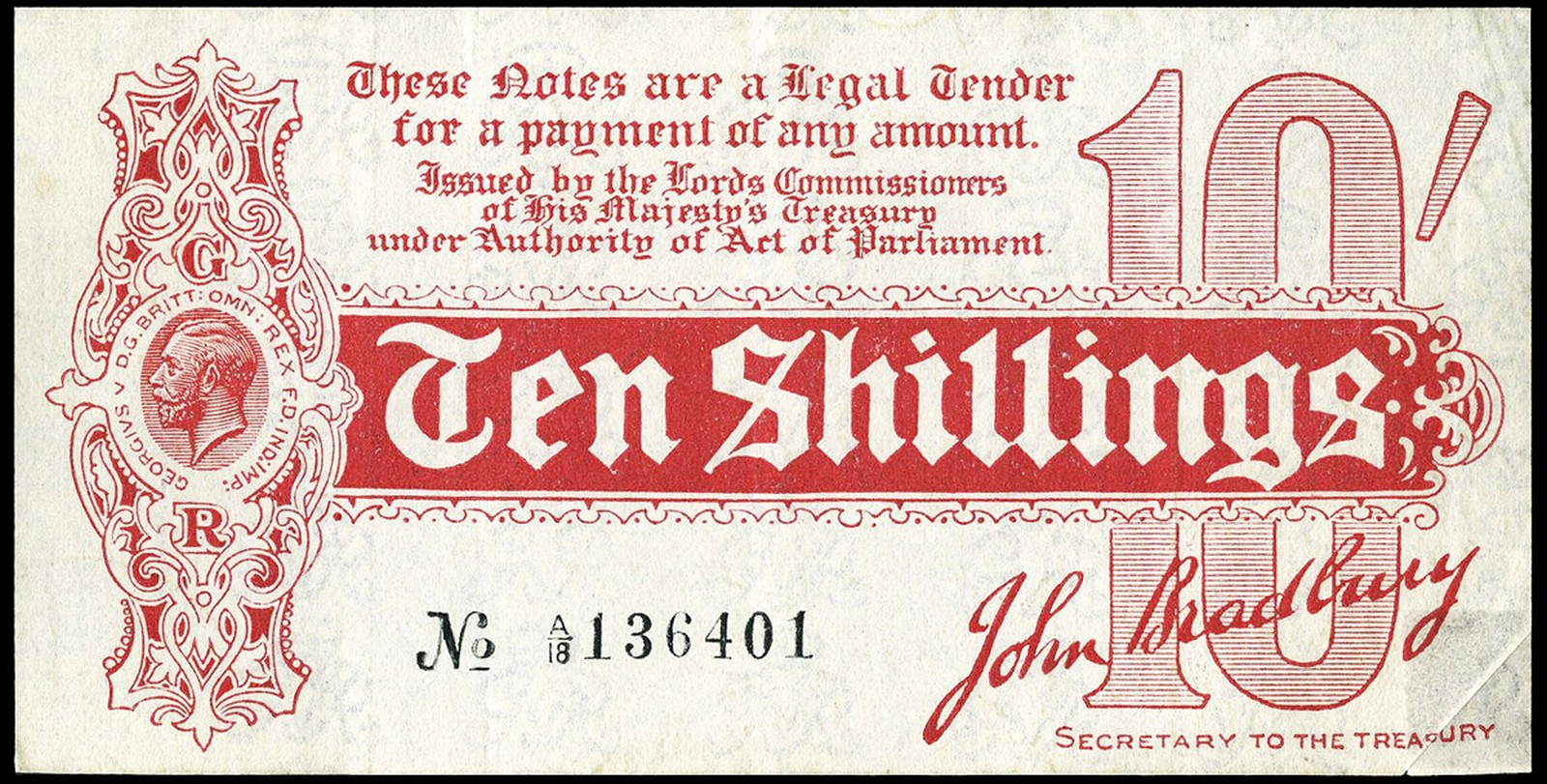 BRITISH BANKNOTES, Treasury, J. Bradbury, Ten Shillings, August 1914, A/18 136401 (Dugg. T9).