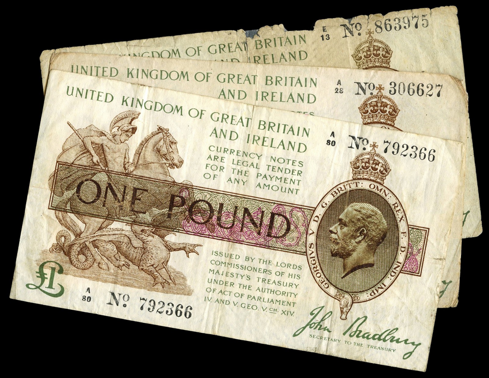 BRITISH BANKNOTES, Treasury, J. Bradbury, One Pound (3), all 1917-19, A/28 prefix, A/80 792366, E/13