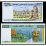 WORLD BANKNOTES, Djibouti, Banque Nationale, Two Thousand Francs, A 001 01139, Ten Thousand  Francs,