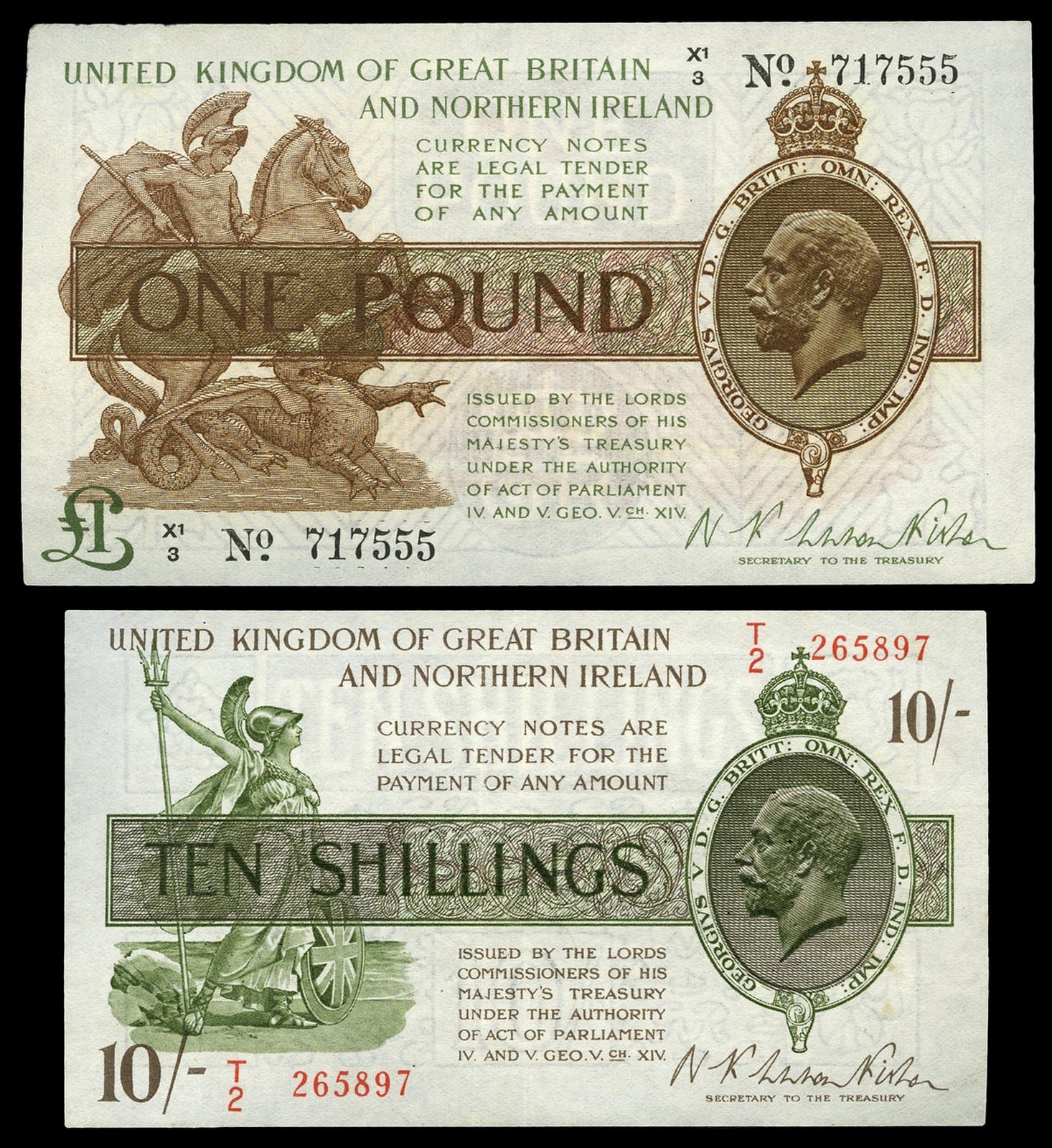 BRITISH BANKNOTES, Treasury, N.F. Warren Fisher, Ten Shillings, T/2 265897, One Pound, X1/3