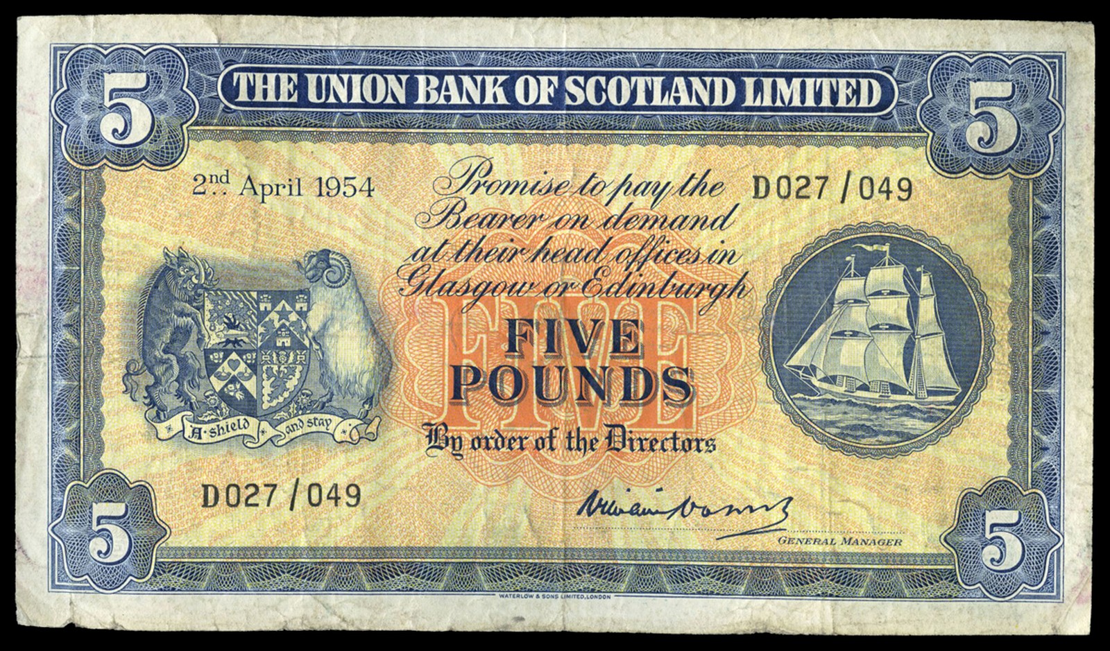 BRITISH BANKNOTES, The Union Bank of Scotland Ltd, Five Pounds, 2 April 1954, D 027/049, signature