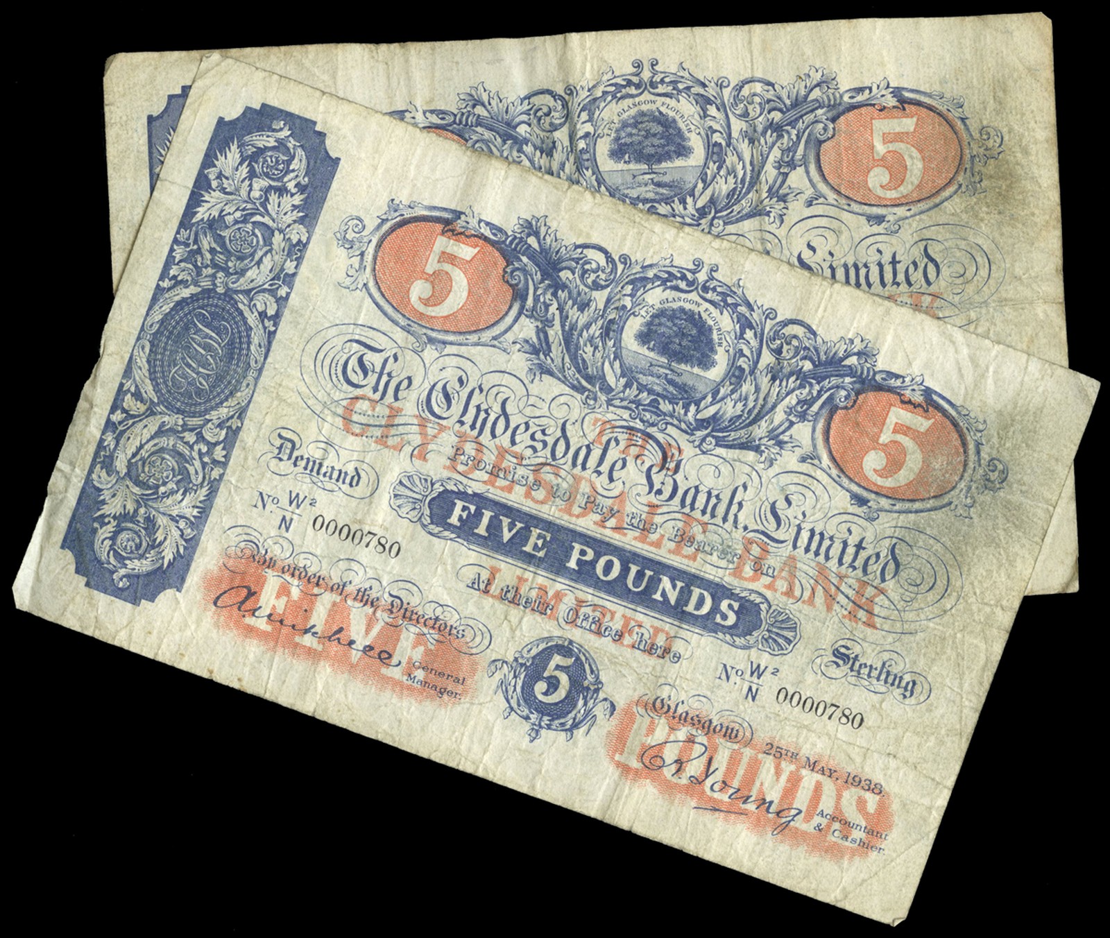 BRITISH BANKNOTES, The Clydesdale Bank Ltd, Five Pounds (2), 25 May 1938, W2/N 0000780, 13 January