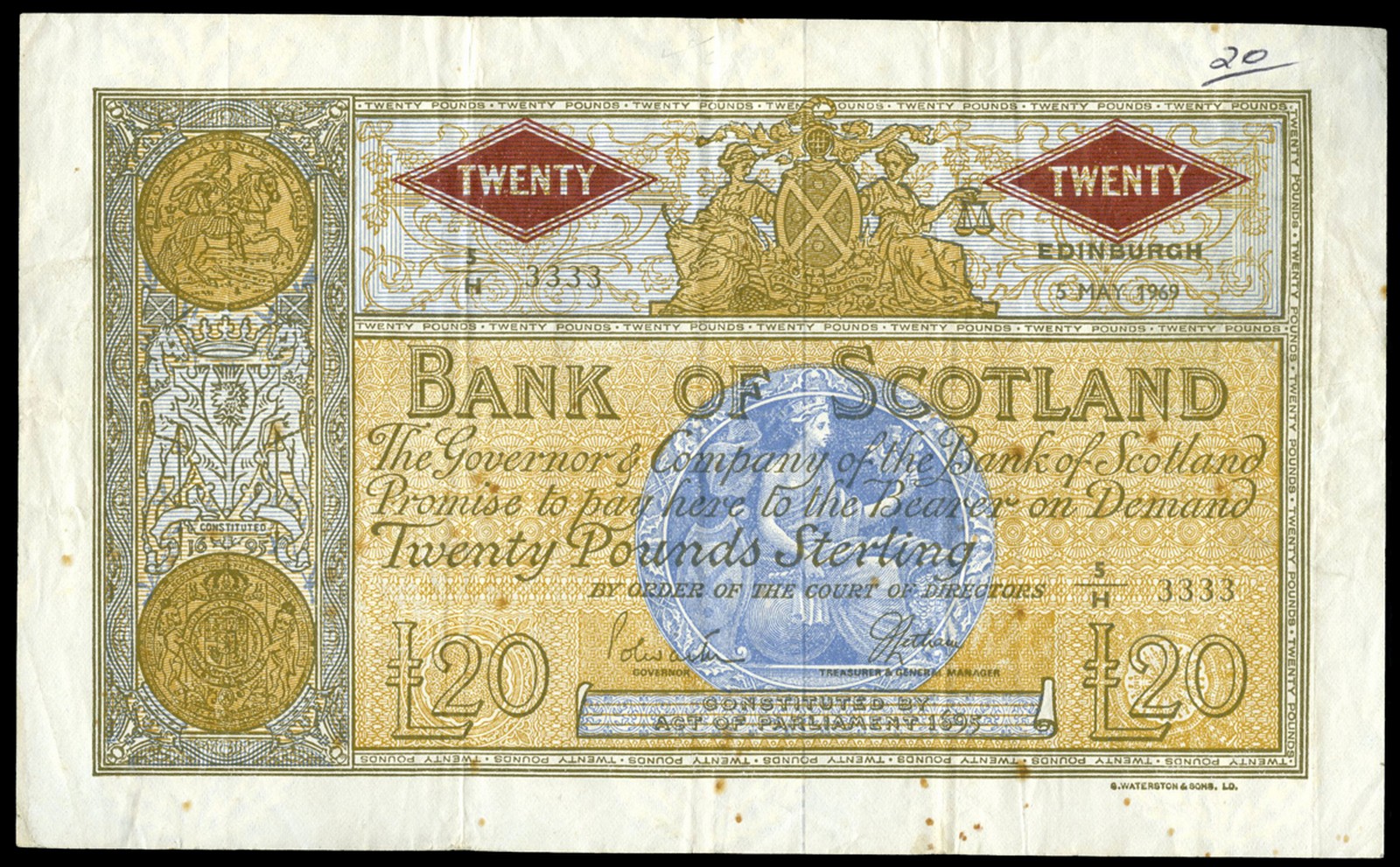BRITISH BANKNOTES, Lots, Bank of Scotland, Twenty Pounds, 5 May 1969, 5/H 3333, Polwarth-Letham
