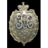 Russia, 16th Ladoga Infantry Regiment Badge, 57 x 37mm., silvered and gilt base metal, screw-backed,