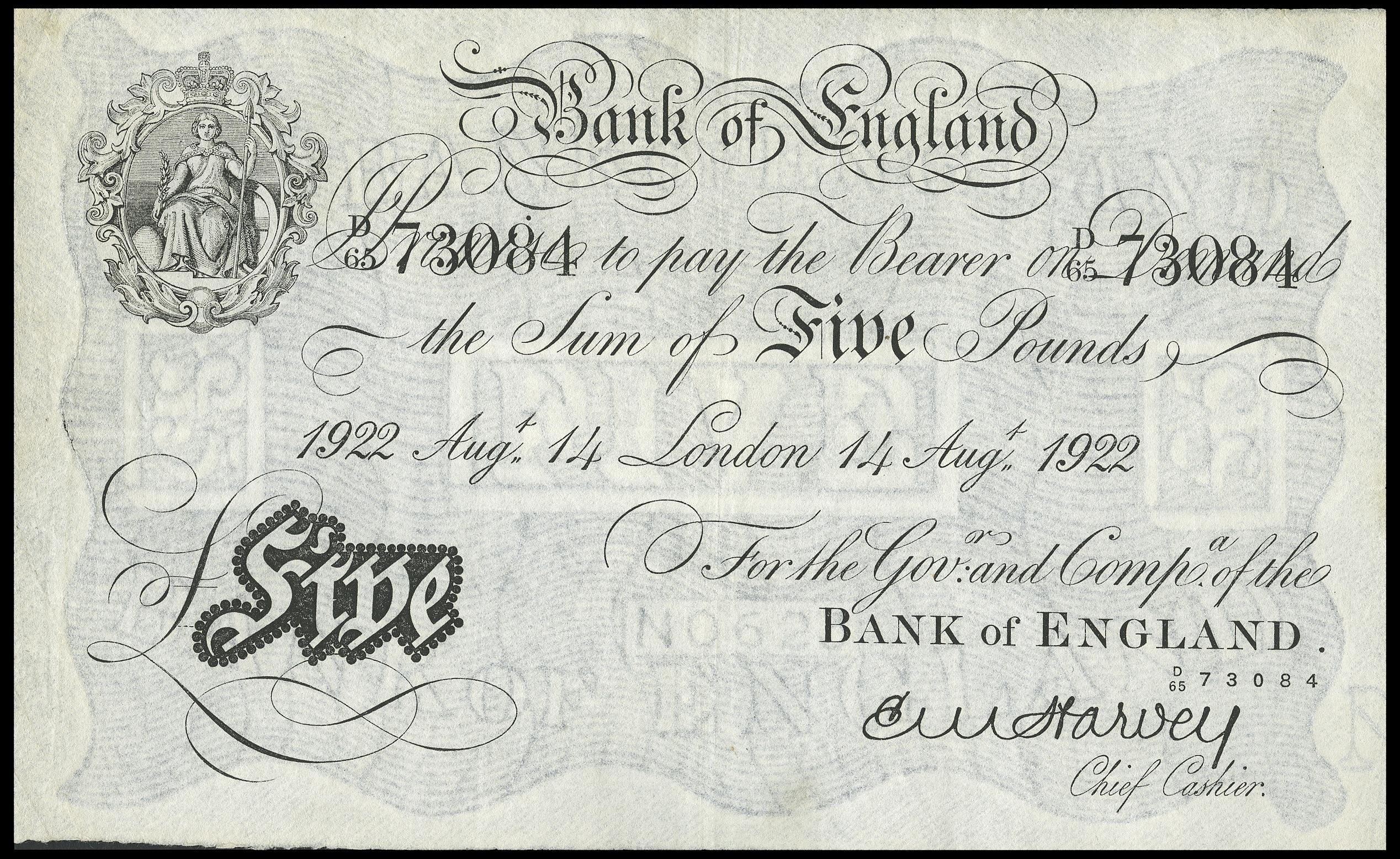 BRITISH BANKNOTES, Bank of England, E.M. Harvey, Five Pounds, 14 August 1922, D/65 73084 (Dugg.