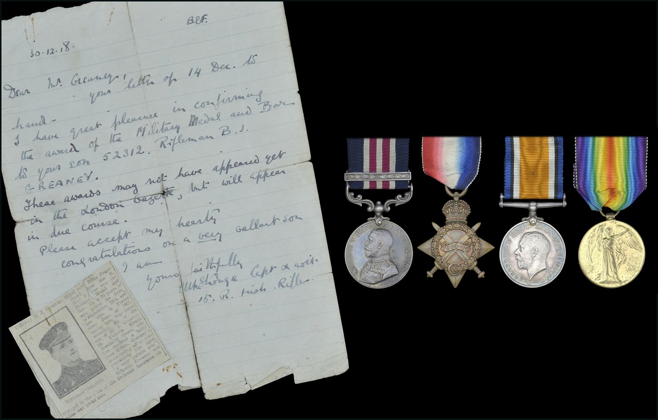 A Great War M.M. and Bar group of four awarded to Corporal B. J. Greaney, Royal Irish Regiment, late