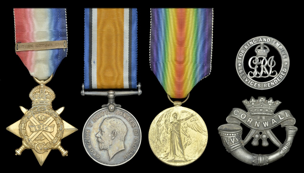 Three: Private A. W. Overy, Duke of Cornwall’s Light Infantry 1914 Star, with clasp (8339 Pte., 1/D.