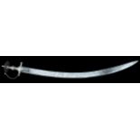 An Indian sword, tulwar the heavy curved 81cm blade with multi-grooves, typical iron hilt with