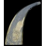 18th Century Powder Horn, approximately 23 cms long x 8 cms at the base, the body decorated with
